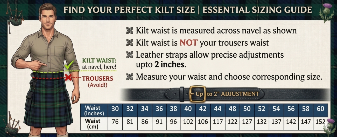 Hamilton Kilt size guide to measure kilt waist