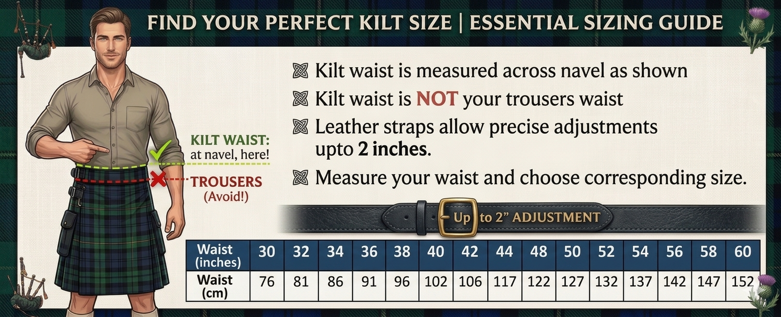 Hamilton Kilt size guide to measure kilt waist