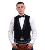 Model wearing Price Charlie vest with Kilt Scottish dress sporran bow tie shirt