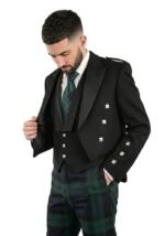 Model wearing Prince Charlie coat tuxedo waistcoat rental wedding dress