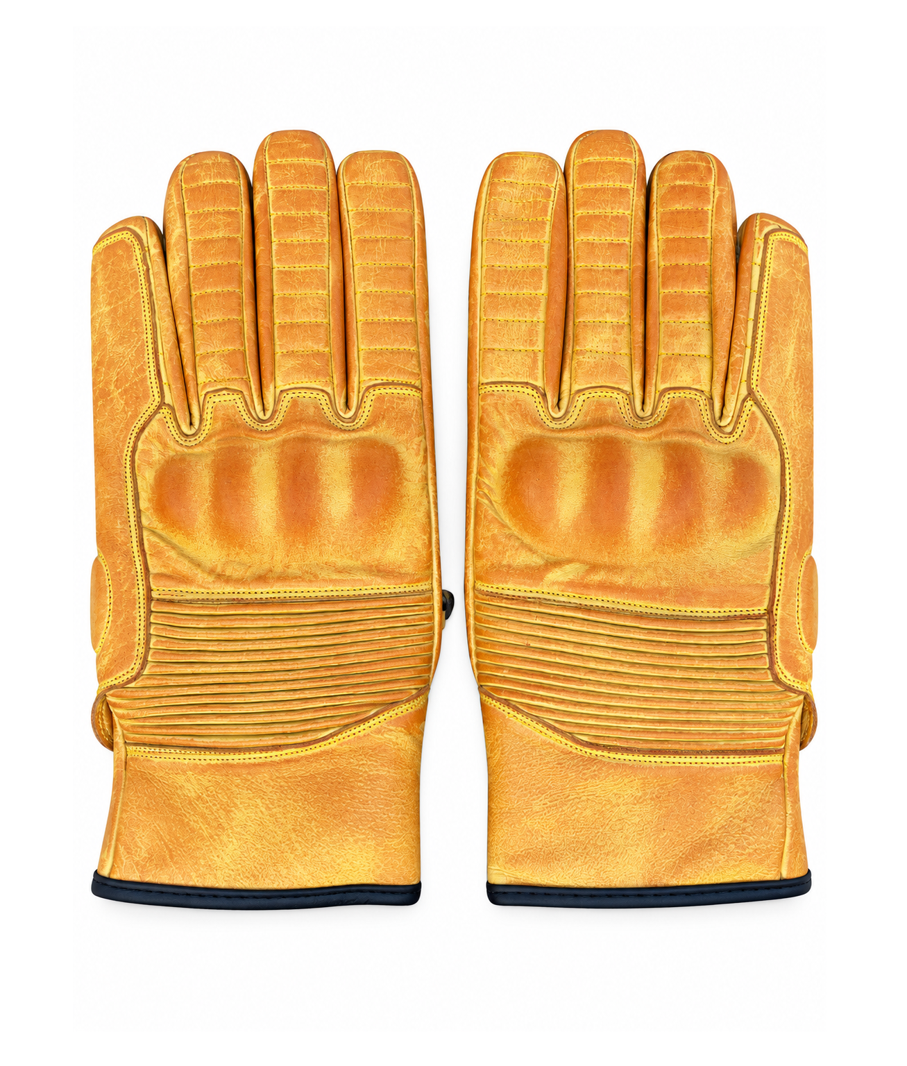 Motorbike leather gloves distress yellow Lark Motorcycle Gloves Leather Knuckle Shell Yellow Distress - Image 1